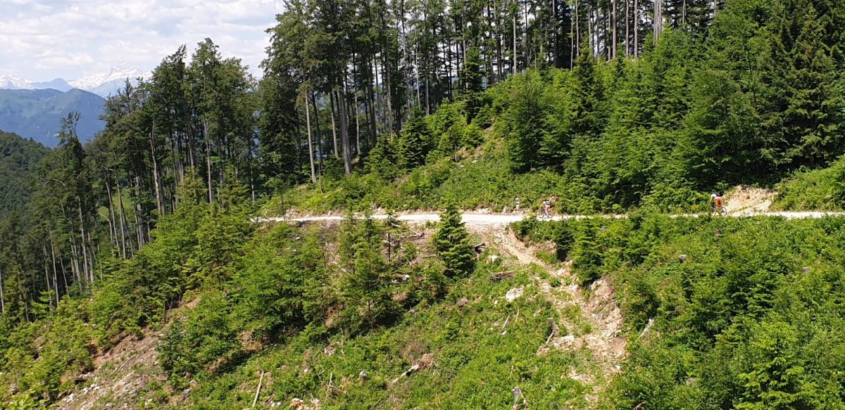 can you see the bikes on the mountain track with Mt Triglav in the distance?