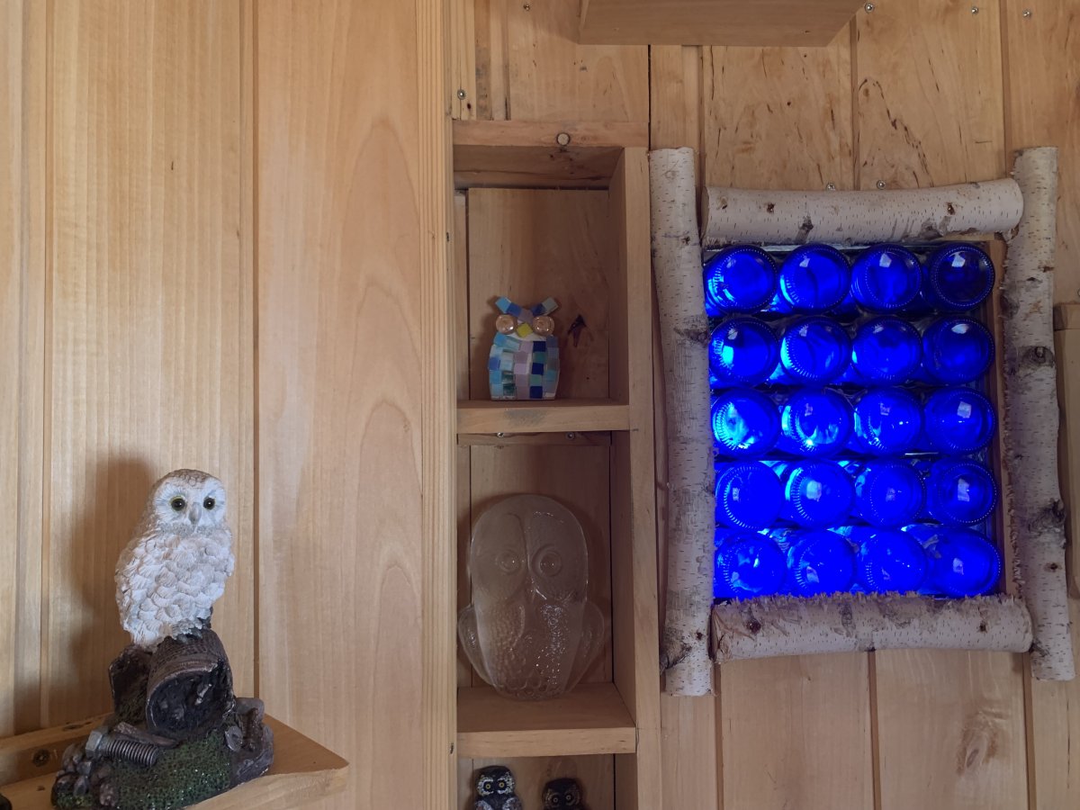 If you ever read Stig of the Dump, then this bottle window in our Owlery was inspired by that book.. If you ever read Stig of the Dump, then this bottle window in our Owlery was inspired by that book..