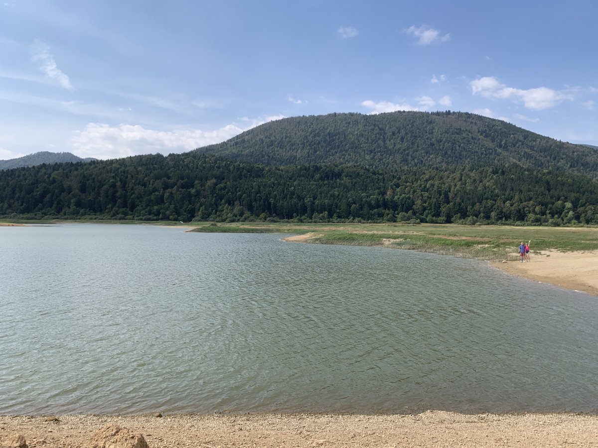 Our guests show the scale of even this little beach in the centre of the lake in the middle of summer..
