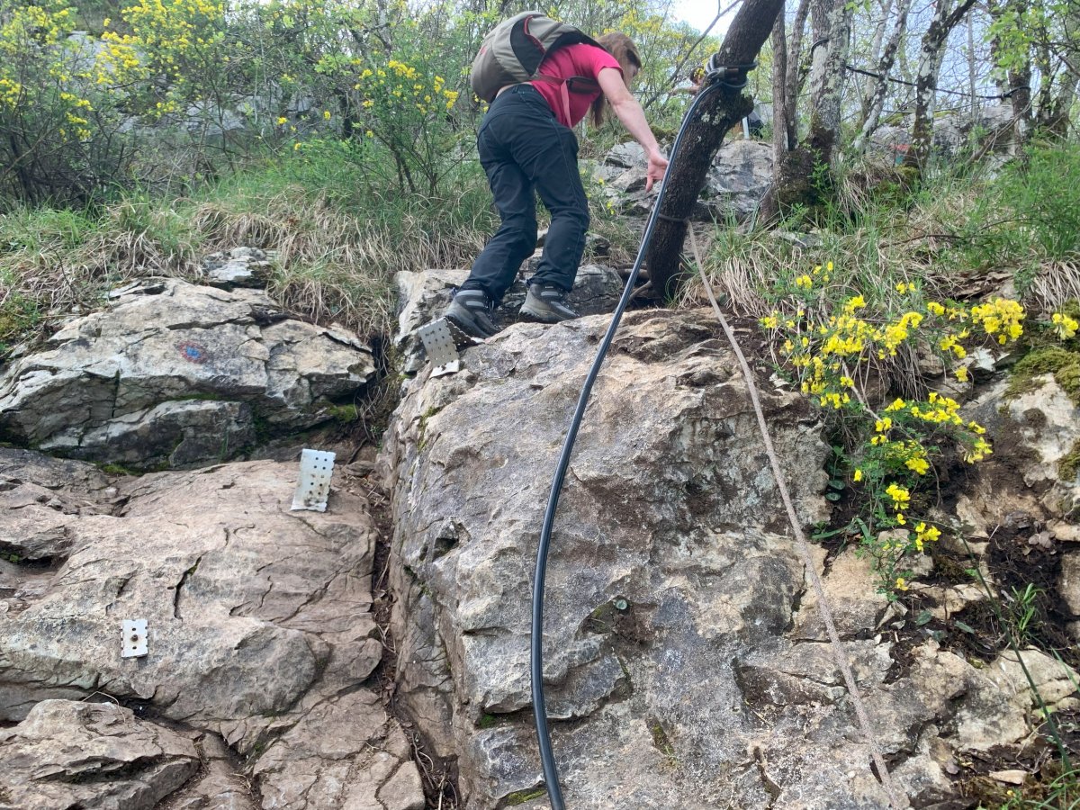 This is probably the scariest bit, where you have to pull yourself up the rock face, using the metal footholds, but it is a very short section..